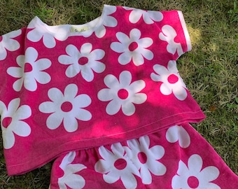 Women's handmade upcycled repurposed pink daisy terry towelling shorts and top summer set size S