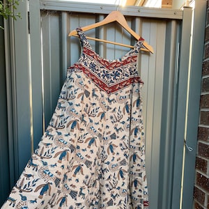 Womens Upcycled handgemachte umfunktionierte Ägypten Print schwere Baumwolle Bohrer Sommer Jumper Kleid mit Taschen Größe M
