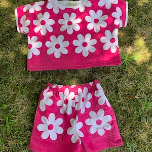 Women&#39;s handmade upcycled repurposed pink daisy terry towelling shorts and top summer set size S