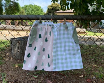 Handmade Women's Size M Upcycled Repurposed Mini Tea Towel Skirt Trees Green Check Pockets