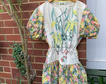 Handmade upcycled Wattle Canningvale Tea Towel Womens Summer Australiana Vintage Floral Above Knee Length Dress Size S - M