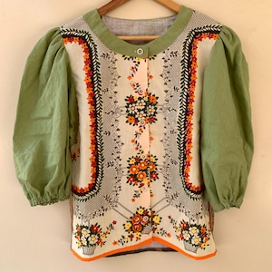 Women's Handmade Upcycled Half Sleeve Tea Towel Blouse Size XS (6 - 8) Mona Lisa