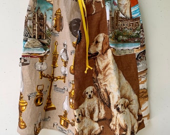 Handmade Upcycled Tea Towel Skirt: Vintage Linen Cotton, Dogs Print, Size M/L