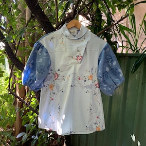 Handmade Upcycled  Vintage Embroidered Tablecloth Women&#39;s Top Blouse Half Sleeves - Size 12