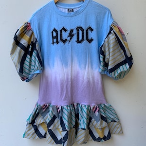 Womens Upcycled Repurposed AC/DC T-Shirt Summer Dress Size S Puff Sleeve
