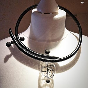 Necklace made of black rubber with a chunky glass cube, statement contemporary jewelry