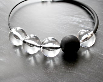 Black rubber and lucite bead statement chunky necklace, clear transparent contemporary jewelry