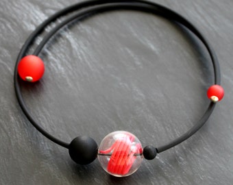 Black Unique  necklace, Red necklace, Blown glass choker,   Rubber chocker, Black choker, Bib necklace, Urban necklace, Statement necklace