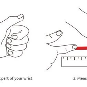 Op de afbeelding: Een diagram dat laat zien hoe je je pols kunt meten voor een armband. Wikkel een strook papier om het smalste deel van je pols en meet vervolgens de lengte van de strook met een liniaal.