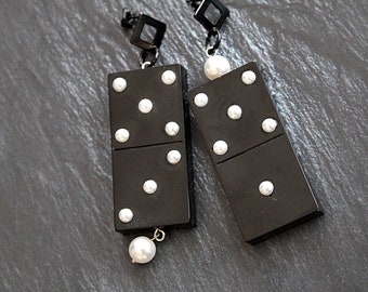 Black asymmetrical epoxy resin earrings in the form of a real domino with pearls