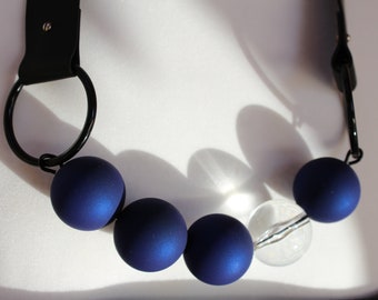 Blue clear black XL beads  rubber  bib  asymmetrical necklace