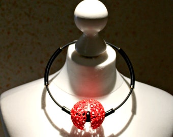 Red black  necklace with hollow half sphere ball , rubber contemporary  jewelry