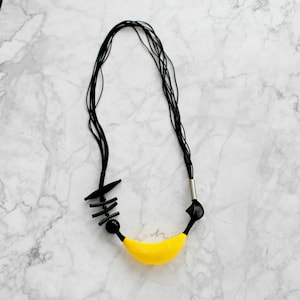 Long black yellow necklace , statement contemporary nylon mesh black necklace with yellow element