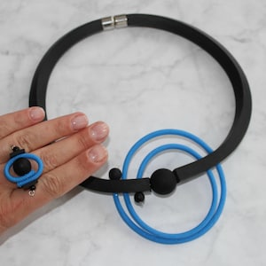 Blue black unique handmade chunky  necklace, black rubber and blue nylon mesh necklace