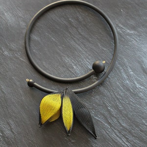 Black yellow chunky rubber and nylon mesh geometric  necklace
