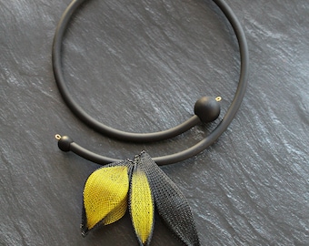 Black yellow chunky rubber and nylon mesh geometric  necklace