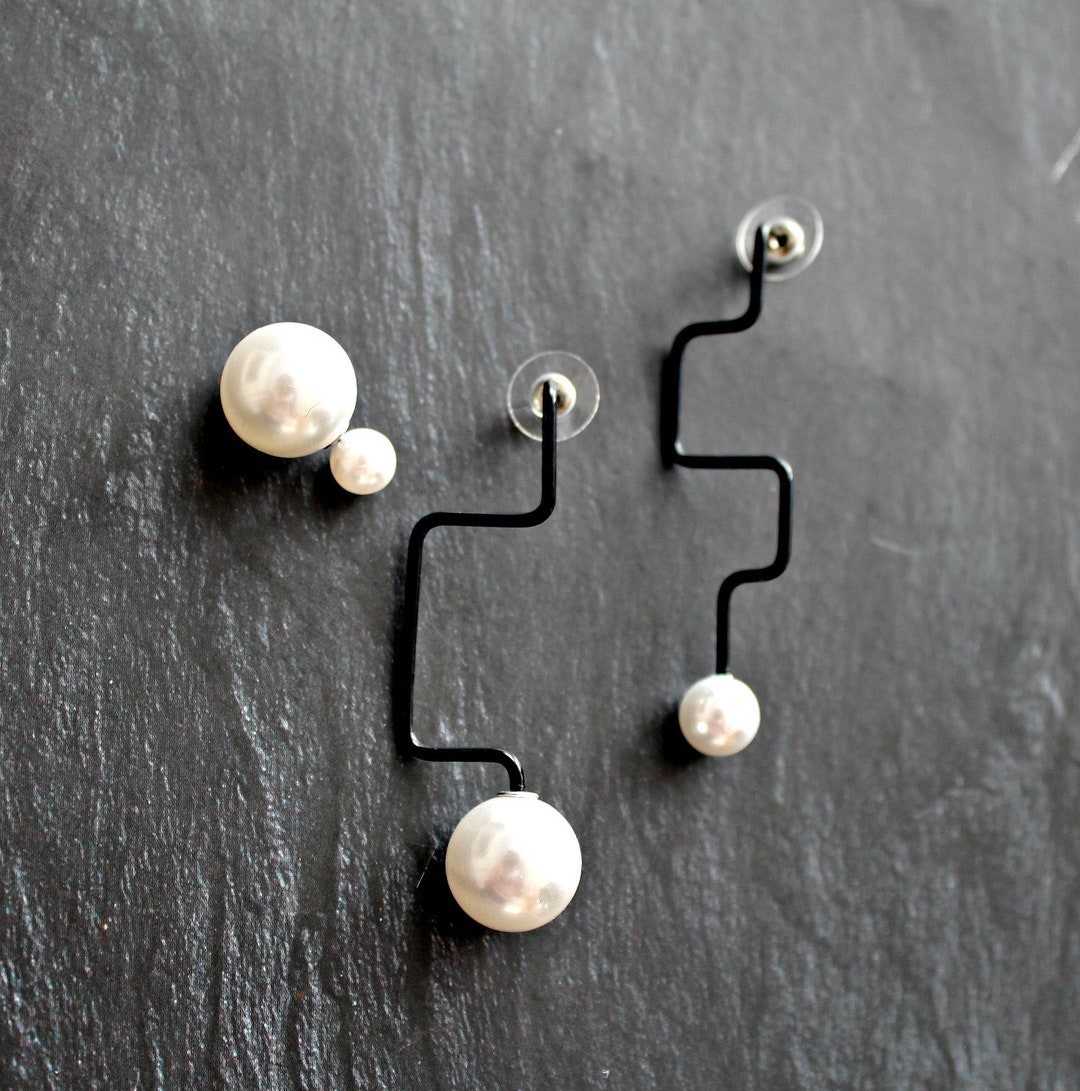 Black Pearl Asymmetric Stud Earrings Set , Minimalist Earrings Kit - Etsy