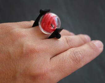 Blown glass ring, Unique Ring, Black  Red ring, Glass bubble ring, Rubber ring, Murano glass, Blown glass rubber, Ring, Contemporary ring