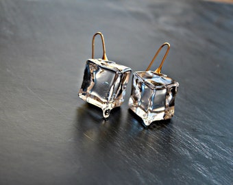 Ice cube transparent clear lucite  drop  earrings