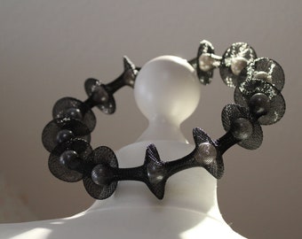 Unusual modern necklace made of mesh with white pearls, chunky statement necklace