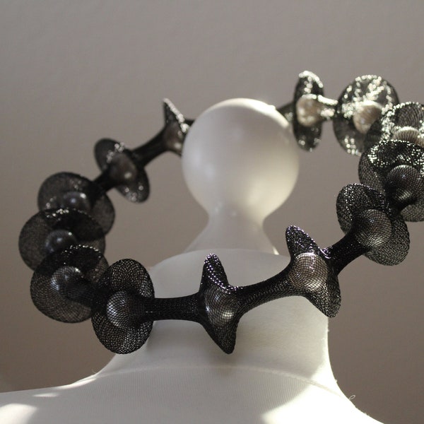 Unusual modern necklace made of mesh with white pearls, chunky statement necklace