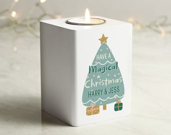 Personalised Christmas Tree White Wooden Tea light Holder / Decoration For The Home / Ornament Decor / New Home / Mr & Mrs / Family / Baby