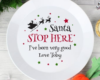 Personalised Santa Stop Here Plastic Plate / Christmas Eve Plate For Father Christmas / Kids / Boys / Girls