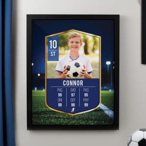 Foto personalizzata Carica carta da calcio Cornice nera per poster / Regalo di compleanno per bambini / Bambini / Scheda di valutazione regalo per tifosi di calcio