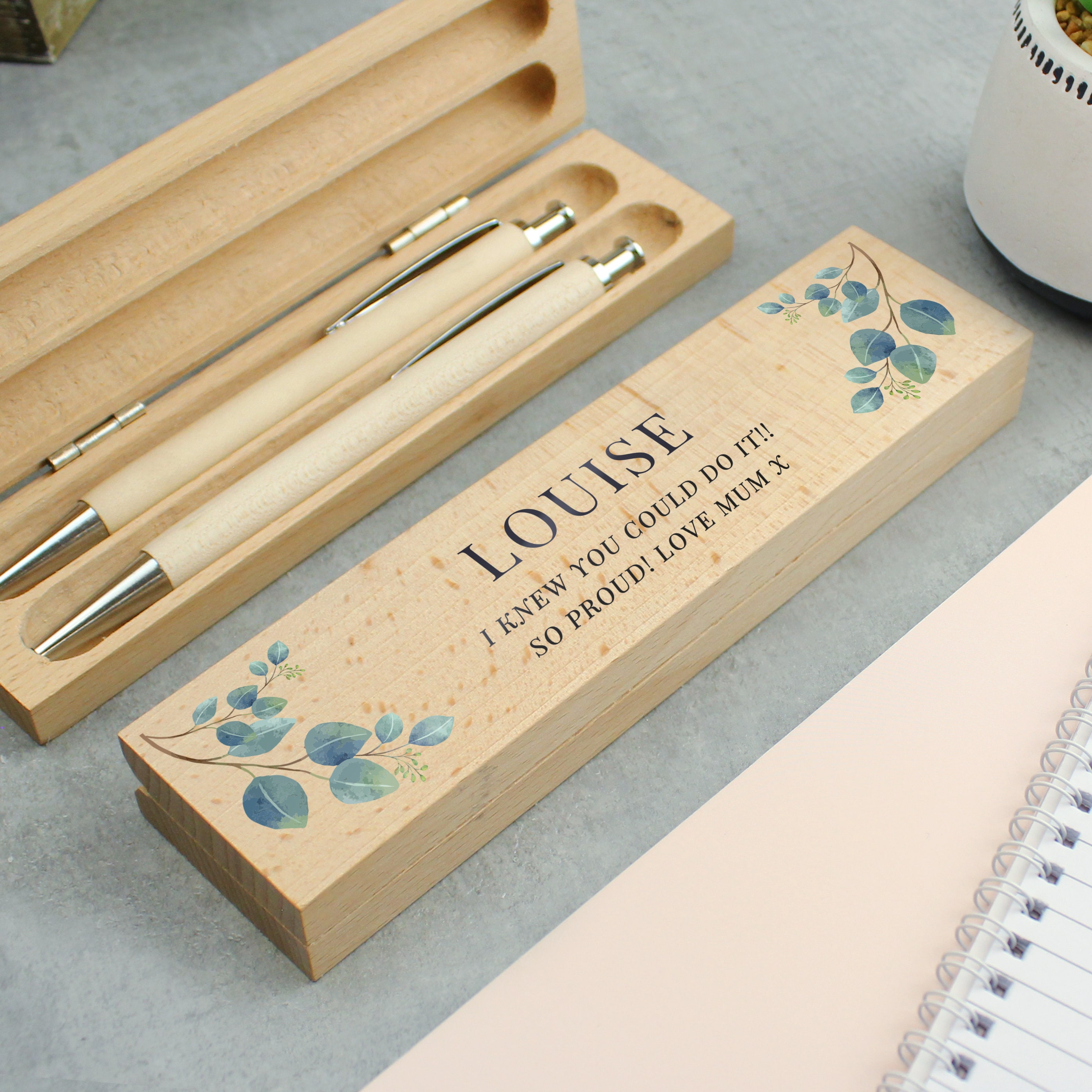 Personalised Botanical Wooden Pen and Pencil Set / Wedding Gift / Birthday / Retirement / Leaving Presents / Mother's Day / Graduation