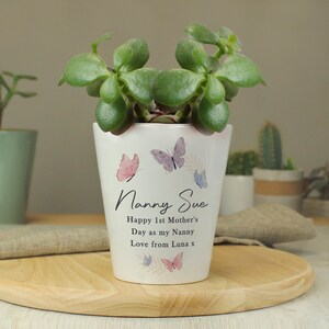 Può includere: Un vaso di ceramica bianco con una pianta verde, decorato con farfalle pastello. Il vaso presenta la scritta "Nanny Sue" e un messaggio per la festa della mamma. Il vaso è su un vassoio di legno.
