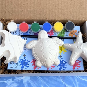 May include: A paint-your-own ceramic craft kit featuring a starfish, a turtle, and a fish. The kit includes six small paint pots in white, red, green, blue, yellow, and black, and a paintbrush.