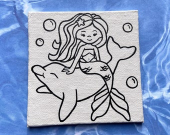 Mermaid Canvas to Paint -  Mermaid Party Favors - Paint Party Favors - Pre-Drawn Canvas