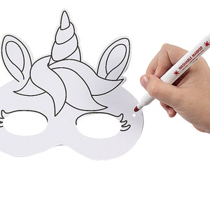 Color your own unicorn face mask. Mask features a unicorn horn, hair and eye lashes and the eyes are cut out to see through.
