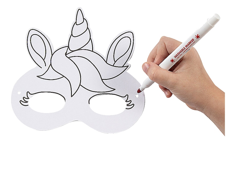 Color your own unicorn face mask. Mask features a unicorn horn, hair and eye lashes and the eyes are cut out to see through.