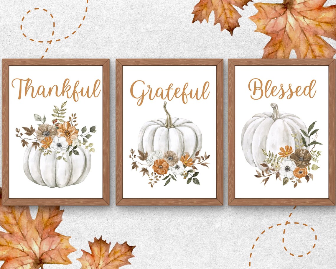 Autumn Pumpkin Wall Art Set of 3 - Digital Decor Prints in Neutral ...