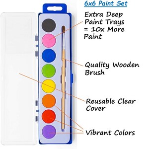 K&ouml;nnte beinhalten: Ein 6x6 Aquarellfarben-Set mit einem Holzpinsel und einer wiederverwendbaren, transparenten Abdeckung. Das Set enth&auml;lt leuchtende Farben in verschiedenen Farbt&ouml;nen. Die Farbschalen sind extra tief und bieten 10x mehr Farbe.