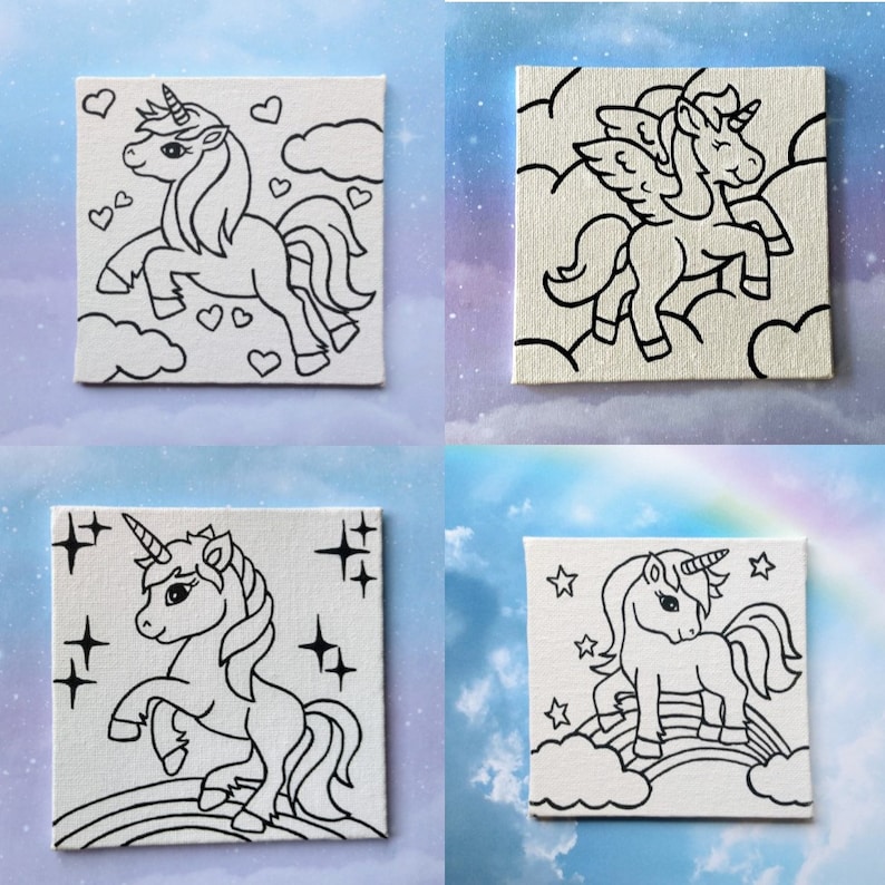Four examples of unicorn canvas designs. One is a unicorn with hearts and clouds. One is a unicorn with wings flying in clouds, one is a unicorn on a rainbow with clouds and stars and one is a unicorn on a rainbow with stars.