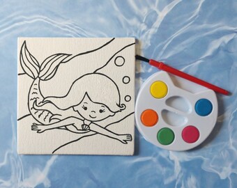 Juego de pintura de lienzo de sirena, cumpleaños de sirena, bajo el mar