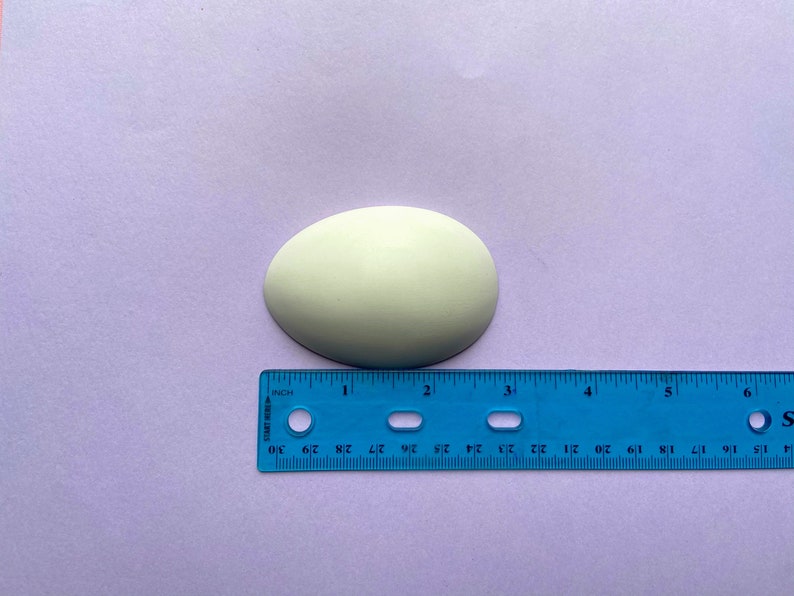 May include: A pale green egg-shaped object measuring approximately 2 inches in length, next to a blue ruler.