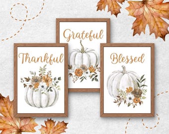 Autumn Pumpkin Wall Art Set of 3 - Digital Decor Prints in Neutral Tones