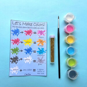 May include: A colorful chart with instructions on how to mix colors to create new colors. The chart includes a list of colors, such as blue, pink, yellow, and green, and shows how to mix them to create purple, orange, turquoise, and gray. The chart also includes a small bottle of glitter and a paintbrush.