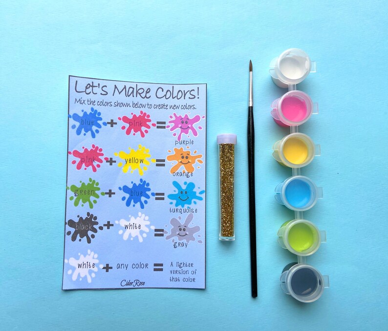 May include: A colorful chart with instructions on how to mix colors to create new colors. The chart includes a list of colors, such as blue, pink, yellow, and green, and shows how to mix them to create purple, orange, turquoise, and gray. The chart also includes a small bottle of glitter and a paintbrush.