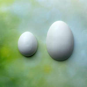 May include: Two white ceramic eggs, one larger than the other, on a green and blue background.
