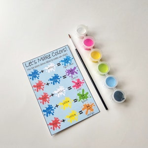 May include: A blue and white printable chart with instructions on how to mix colors to create new colors. The chart shows the colors red, blue, yellow, white, and light blue. The chart also shows the colors pink, purple, green, and orange. The chart is surrounded by paint pots in various colors.