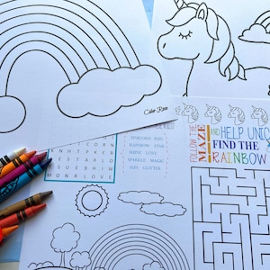 Three unicorn themed coloring and activity pages. One is a rainbow to color, one is a unicorn to color and one has a word search, a maze, a spot the difference activity and a rainbow in a meadow picture to color.