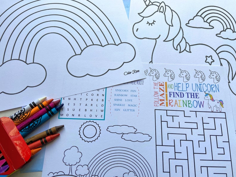 Three unicorn themed coloring and activity pages. One is a rainbow to color, one is a unicorn to color and one has a word search, a maze, a spot the difference activity and a rainbow in a meadow picture to color.