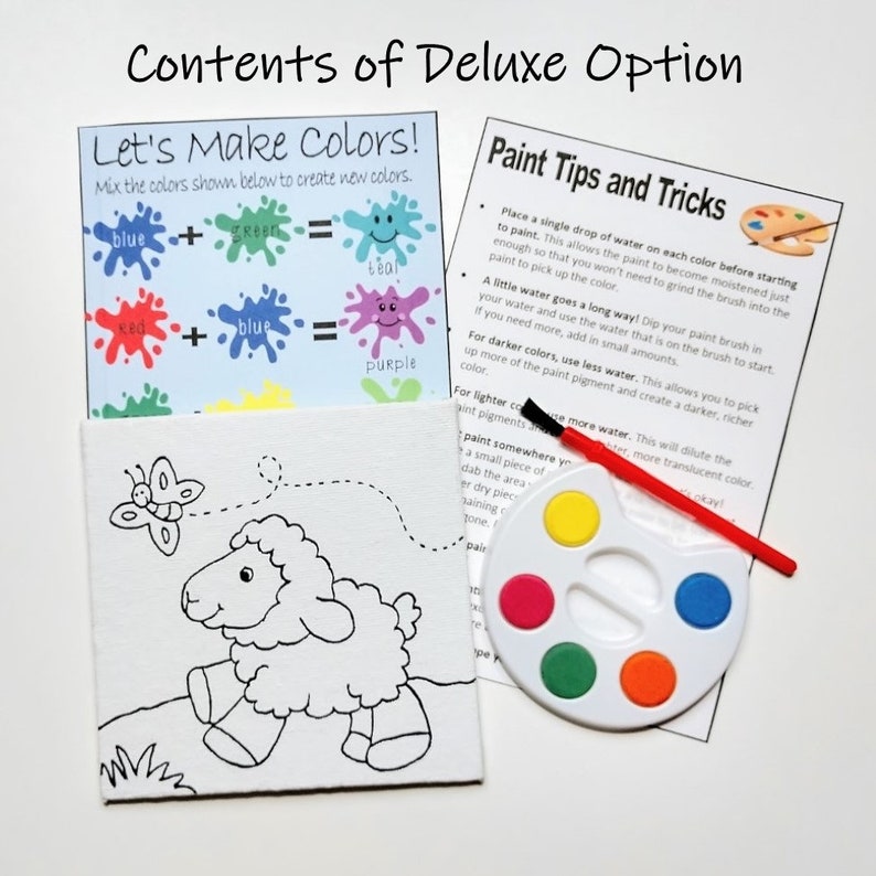 K&ouml;nnte beinhalten: Ein Deluxe Malen-nach-Zahlen-Set mit einem niedlichen Comic-Lamm und einem Schmetterling. Das Set enth&auml;lt eine kleine Leinwand, eine Farbpalette, einen Pinsel und Anweisungen zum Mischen von Farben.