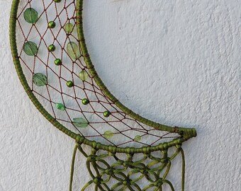 Forest Green Moon Dreamcatcher with green glass beads and macrame finish