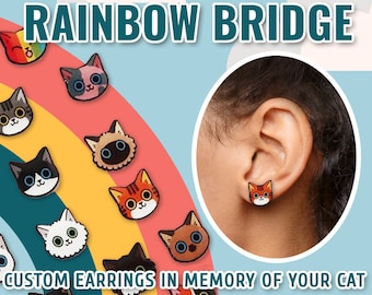 Custom Memorial Cat Earrings, Rainbow Bridge Studs, Design Your Own Cat Earrings, Personalized Cat Jewelry for Pet Loss, Gift for Cat Lovers