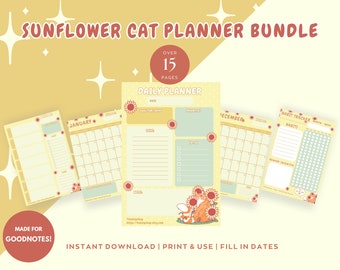 Sunflowers and Cats Digital Planner, Undated Digital Planner for Goodnotes, Kawaii Digital Planner, Cute Daily Planner, Cute Digital Planner